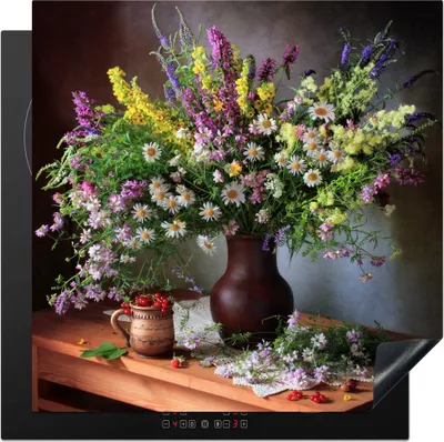 Produktbild von KitchenYeah© Herdabdeckplatte Blumen - Tisch - Stilleben - Blumenstrauß - Vase , 78x78cm, Küche Deko, Glaskeramikkochfeld Herdabdeckung, Abdeckplatte fùr Kochfeld