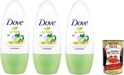 Produktbild von Dove Go Fresh Frische Gurke und Grüner Tee Deodorante Roll-On,48h Schutz Deodorant 3x 50ml + Italian Gourmet polpa 400g