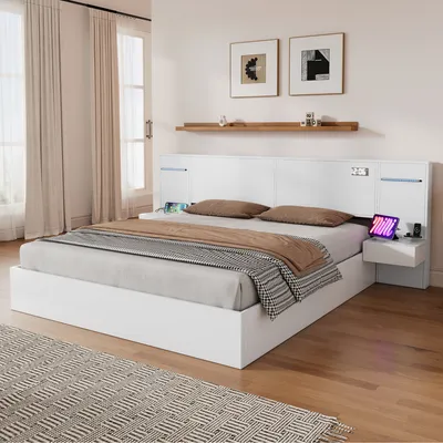 Zdjęcie produktu dla Łóżko drewniane Flieks łóżko podwójne 160x200cm z USB i zegarem elektronicznym, łóżko młodzieżowe z 2 szafkami nocnymi i głośnikiem Bluetooth, łóżko klasyczne białe