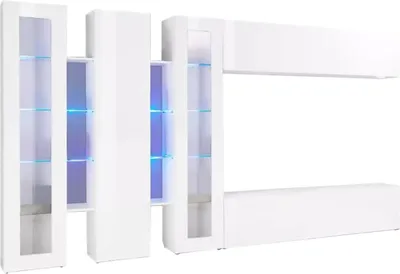 Immagine prodotto di Dmora Parete Attrezzata Atta 30x340x180h cm Bianco Lucido, 5 Ante Apertura Battente e a Ribalta  Italy