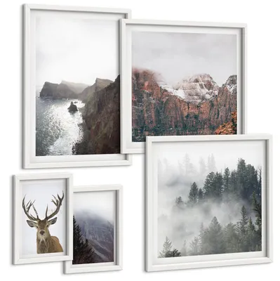 Produktbild von Bilder Set 5-teilig im Goldrahmen Rahmen – Wandbilder 5 Stück – gerahmte Poster für Wohnzimmer, Schlafzimmer und Flur – 50x50 cm - 40x60 cm – Berglandschaft Nebel Hirsch