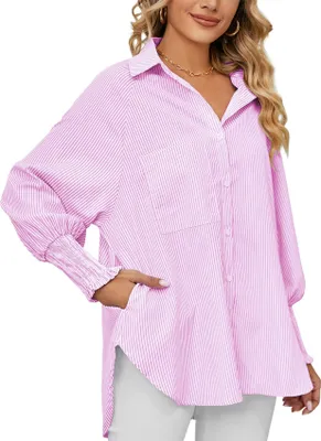 Produktbild von ASKSA Damen Bluse Streifen Oberteile Langarm Knoepfen Smocked Buendchen Elegant Casual Hemd Tops mit Tasche (Rosa,XXL)