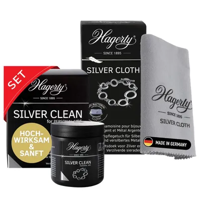 Produktbild von Hagerty Set Silver Clean Schmucktauchbad + Silver Cloth Schmuck Reinigungstuch für Silberschmuck und versilbertem Schmuck I Glanz & Pflege