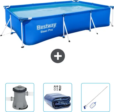 Zdjęcie produktu dla Basen Bestway prostokątny Steel Pro - 300 x 201 x 66 cm - niebieski - zawiera pompę - markizę - zestaw do czyszczenia