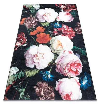 Image de Tapis lavable ANDRE 1629 fleurs vintage antidérapant - noir et rose multicolore 120x170 cm