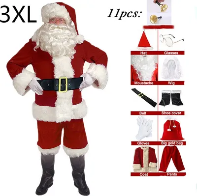 Produktbild von 11 Stück Santa Claus Cosplay Kostüm Weihnachten Neue Jahr Männer Kostüme Deluxe Klassische Erwachsene Set Karneval Party RolePlay Anzüge, rot, 3XL