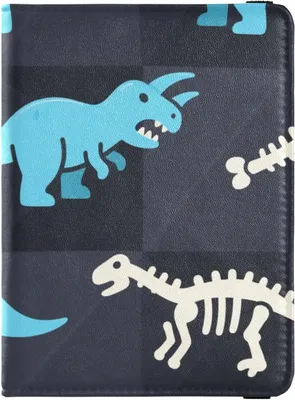 Productafbeelding van Reisepashoes van blauw leer met dierenmotief en dinosaurusschedel, geschikt voor reizen, als vaccinatiepasjeshouder en portemonnee voor dames, waterdicht