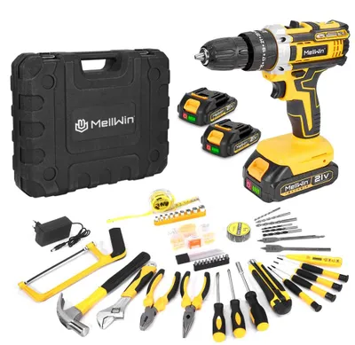 Produktbild von Akku Schlagbohrschrauber Set - 18V Bohrmaschine - 45 Nm Drehmoment - 25+3 Drehmomentstufen - 2 Gänge 0–450/0–1500 U/min - 45 Zubehör