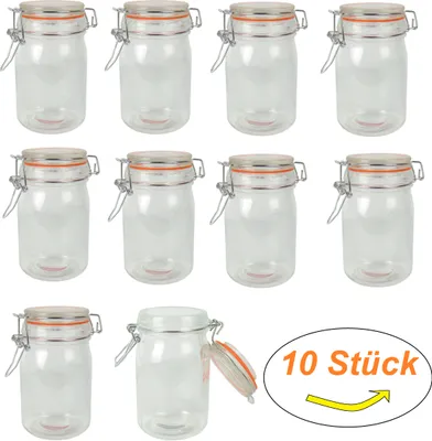 A collection of glass jars with clamp lids, arranged in rows on a white background. A graphic overlay indicates a quantity of 10.