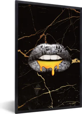Produktbild von MuchoWow® MuchoWow® Gerahmtes Poster Lippen - Geld - Abstrakt 40x60 cm - Poster mit zchwarzem Bilderrahmen - Papierdruck - Wandbilder