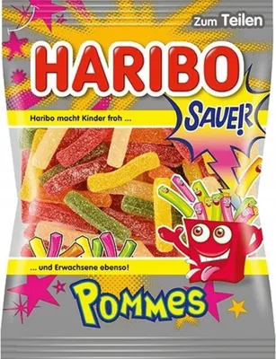 Produktbild von Haribo Saure Pommes, Gummibärchen, 175 g, Grapefruit, Zitrone, Orange, Pfirsich, Ananas, Mehrfarbig, 1434 kJ, 337 kcal