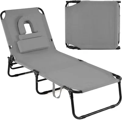 Imagen del producto de Tumbona con abertura para la cara, tumbona de jardín plegable con 3 cojines desmontables y respaldo ajustable en 5 posiciones, ideal para jardín y piscina (gris)