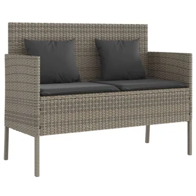 A studio shot of a two-seater outdoor bench with cushions.