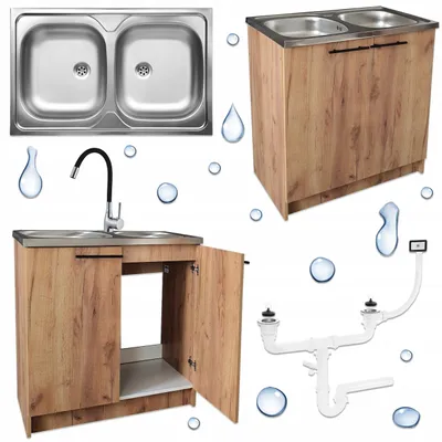 Produktbild von Stamar | Küchenschrank, mit Spüle 2 Kammern,  Eiche Gold, 80 cm, Flexible schwarze Armatur, Siphon