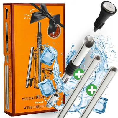Produktbild von 4-in-1 Weinkühlstab Komplett-Set mit 2x Kühlstäbe aus 100% Edelstahl - Weinkühlstäbe für Weinflaschen - Flaschenkühler für Wein, Sekt und Champagner