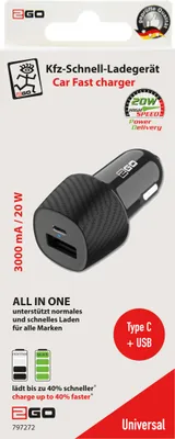 Immagine prodotto di 2GO KFZ-Ladegerät 20W   1xUSB-C  1xUSB-A   schwarz