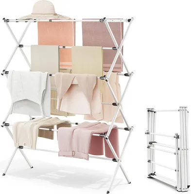 Image de Étagère à linge pliable, avec 3 niveaux, extensible, et porte-serviettes, idéale pour les petits appartements