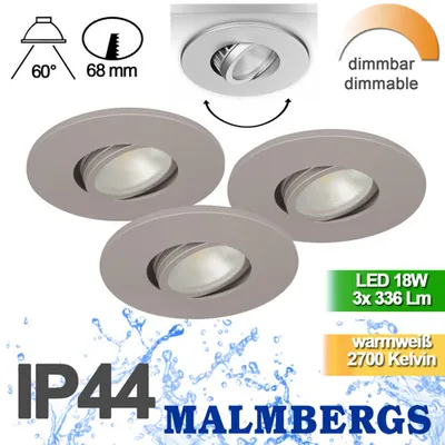Produktbild von 3er Set LED Einbaustrahler dimmbar silber matt schwenkbar IP44