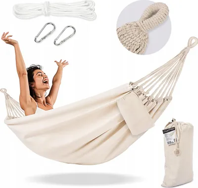 Produktbild von Boho Gartenhängematte für zwei Personen – 200x150 cm – mit Tragetasche – beige