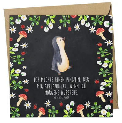 Produktbild von Mr. & Mrs. Panda Klappkarte Pinguin marschieren - Kreidetafel - Geschenk, Bruder, doppelkarte, Glückwunschkarte, Frühaufsteher, faltkarte, Aufstehen, Grußkarte, Pinguine