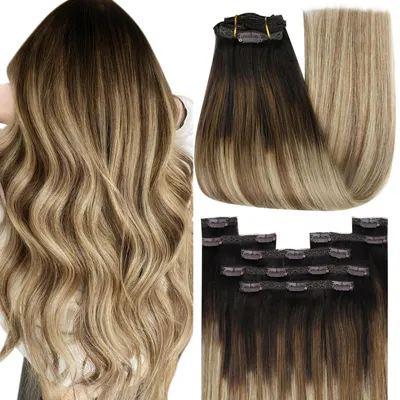 Produktbild von Clip-in Echthaar Extensions 135g 40cm Braun Blond 7-teilig Remy Echthaar