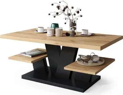 A coffee table with decorative items on it, presented on a white background.