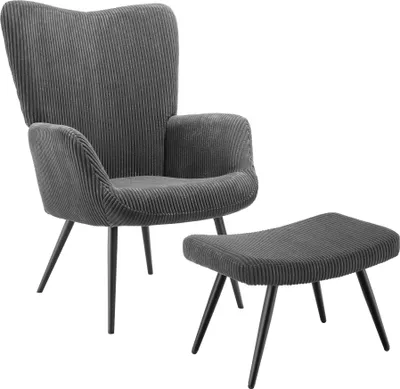 Image de Fauteuil Hygge rembourré, ergonomique, charge maximale 150 kg - Avec tabouret, Velours côtelé large anthracite/noir