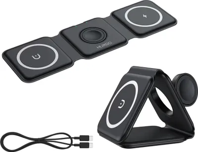 Immagine prodotto di HUXGO Caricatore wireless 3 in 1 magnetico pieghevole, stazione di ricarica wireless QI per telefono cellulare, iPhone e SmartWatch, stazione di ricarica portatile, nero