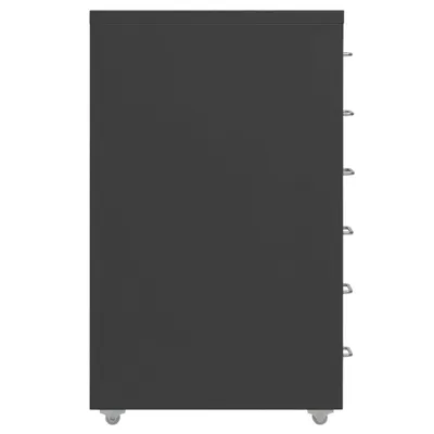 A side view of a dark gray filing cabinet with wheels.
