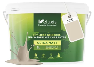Produktbild von Wandfarbe Beige Creme Grau Matt Innenfarbe – Deckkraft Klasse 1, VOC-frei, Ohne Grundierung, Tropfarm – Wohnzimmer & Schlafzimmer – 5L – Veluxis (Sweet Sesame)