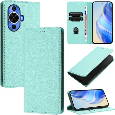 Produktbild von Litchi Leder Handyhülle für Huawei nova 12s Wallet Kartenfächer Standfunktion Hülle Türkis