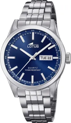 A close-up studio shot of a men's wristwatch with a blue dial and a silver metal band.