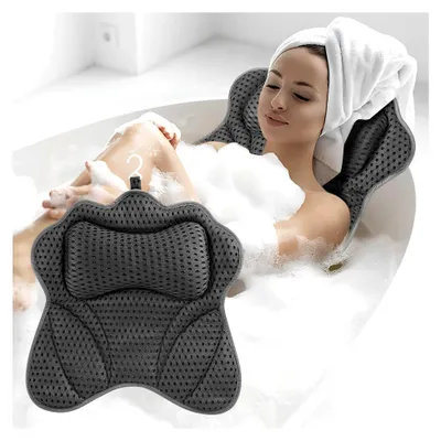 Produktbild von Badewannenkissen aus 4D-Mesh mit 6 Saugnäpfen zur Unterstützung von Nacken, Schultern, Kopf und Rücken für entspannende Bäder (Grau)