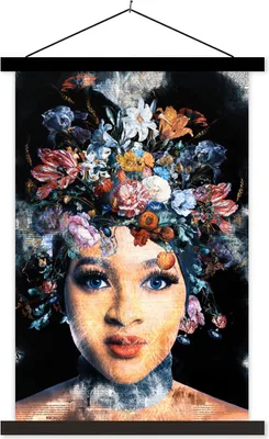 Produktbild von MuchoWow® Textilposter Frau - Blumen - Farbe 40x60 cm mit schwarzem Rahmen - Wanddekorationen