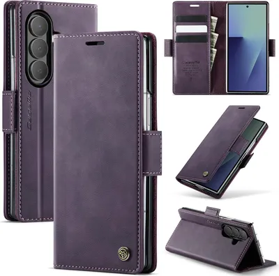 Obrázek produktu pro Kožené pouzdro pro Samsung Galaxy Z Fold 7, RFID ochranou, magnetickým zavíráním, přihrádkami na karty a funkcí stojánku Fialový