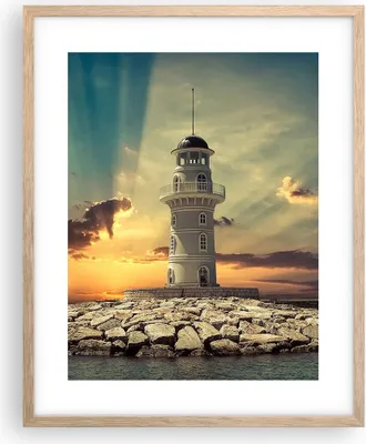Produktbild von Gerahmtes Poster - Rahmen in heller Eiche - Leuchtturm Wasser Meer Steine - 40x50 cm - Wand Bild - Wanddeko - Wandbilder - Wandposter - Bilderrahmen - Bilder - Kunstdruck - Wandbild - P2NPA40x50-2895