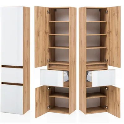 Produktbild von Badezimmer Seitenschrank HEERLEN-03 in Wotaneiche Nb. mit Glasfronten weiß, B/H/T: ca. 40/180/35 cm