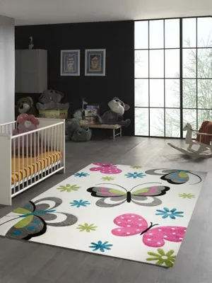 Produktbild von Kinderteppich Schmetterling Design Creme Pink Grau Grün Blau Größe - 200 x 290 cm
