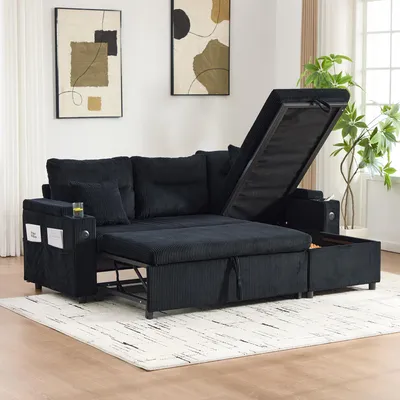 Produktbild von STILVORA Moderne 3-Personen Cordsofa mit Stauraum, Schlafsofa mit Getränkehaltern und USB-C, hydraulischer Chaiselongue, ergonomisch, schwarz