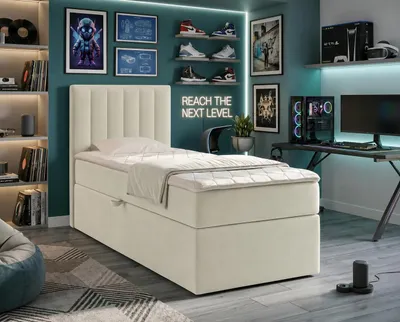 Produktbild von NORDELO Boxspringbett MORFEO 90x200 cm Weiß Komplett-Set gepolstertes Einzelbett mit Stauraum, Matratze und 4 cm Visco-Topper, Bonellfederkernmatratze, T30-Schaum