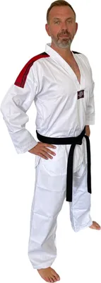 Produktbild von Taekwondo Dobok Basic V-Revers weiß mit Schulterstreifen schwarz-rot - SET (Schlupfjacke, Hose, weißer Gürtel)