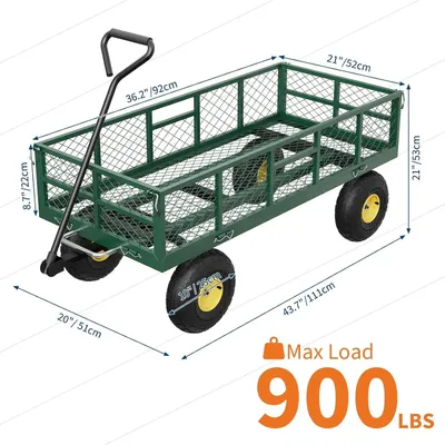 Immagine prodotto di Carrello ribaltabile per giardino – Struttura in acciaio – Capacità di carico 408 kg – Pareti laterali a griglia rimovibili – Pneumatici da 25 cm – Maniglia girevole a 180° – Ideale per giardino e cortile