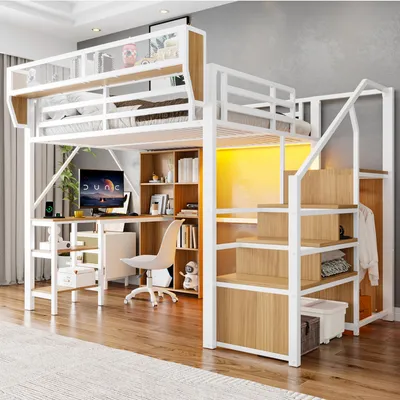 Productafbeelding van Flieks stapelbed 140x200 cm met opbergruimte in de trap en een bureau, metalen bed met boekenplank en leuning, hoogslaper met LED-verlichting en stopcontact, wit, metaal
