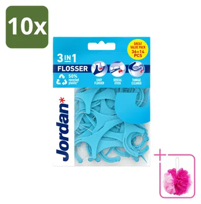 Productafbeelding van 10 x Jordan 3-in-1 tandenreinigers - Tandenflosdraad, tandenstoker en tongschraper - Voordeelpakket - 10 stuks