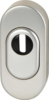 A close-up studio shot of a silver oval escutcheon plate with a keyhole.