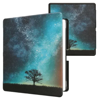 Produktbild von kwmobile Schutzhülle für Amazon Kindle Scribe (2024) Hülle - eReader Flip Case mit Auto Sleep Funktion - Galaxie Baum Wiese mit Blau Grau Schwarz