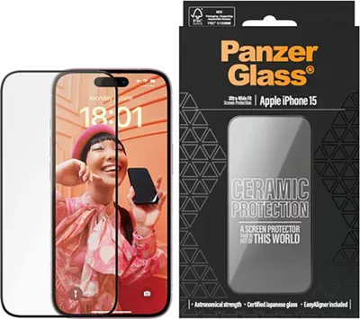 Obrázek produktu pro PanzerGlass ® Ceramic Protection for iPhone 15 | Ultra-Wide Fit w. EasyAligner, Apple, Apple - iPhone 15, Aplikace nasucho, Odolné proti poškrábání, Odolný proti nárazům, Průhledná, 1 kusů