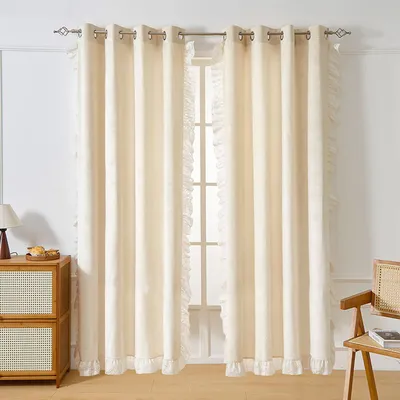 Produktbild von 2er Set Samtvorhang Ösen mit Rüschen, Samt Verdunkelungsvorhang, Beige 132x241cm