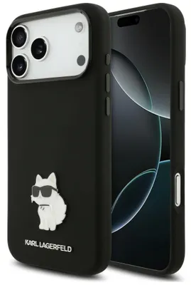 Image de Coque en silicone Karl Lagerfeld, motif Choupette, métal, compatible avec iPhone 18 Pro Max / 17 Pro Max, couleur noire