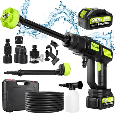 Produktbild von Akku Hochdruckreiniger, 100 Bar Tragbarer Hochdruckreiniger mit 4000mAh Akku,6-in-1 Multi-Sprühdüse 5M Schlauch für Auto, Terrasse, Garten, Zaun, Pool